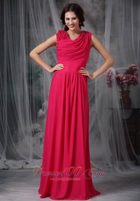 Coral Red Empire V-neck Floor-length Chiffon Hand Made Flower Prom Dress