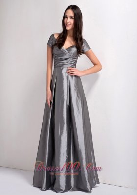 Modest Grey A-line Mother Of The Brides Dress V-neck Ruch Floor-legnth Taffeta