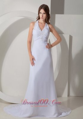 Elegant Wedding Dress Column / Sheath Halter Beading Court Train Chiffon