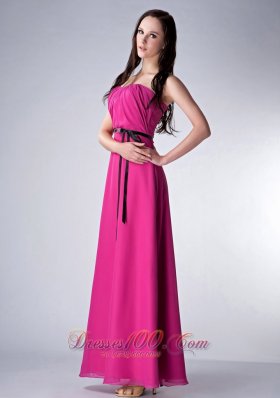 Custom Made Fushsia Empire Strapless Bridesmaid Dress Chiffon Sash Ankle-length