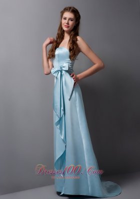 Customize Baby Blue Column Strapless Bridesmaid Dress Satin Bow Brush Train