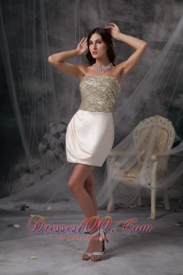 Best Champagne Column Evening Dress Strapless Satin Beading and Ruch Mini-length