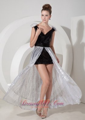 Custom Made Black and Silver Prom Dress V-neck Detachable Sequins