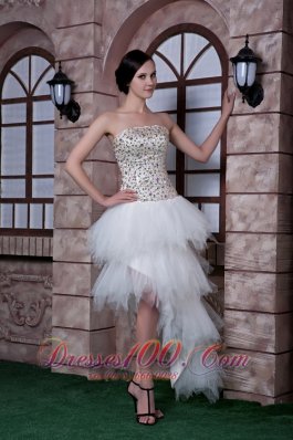 Custom Made White Column Strapless High-low Prom Dress Beading Taffeta and Tulle