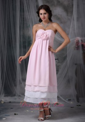 Pink Empire Sweetheart Tea-length Chiffon Hand Made Flower Prom Dress  Dama Dresses