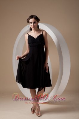 Lovely Black Empire Cocktail Dress Spaghetti Straps Chiffon Ruch and Bow Knee-length  Dama Dresses