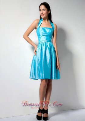 Brand New Aqua Blue A-line Halter Bridesmaid Dress Knee-length Taffeta  Dama Dresses