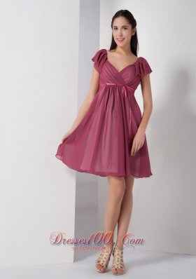 Customize Burgundy A-line V-neck Bridesmaid Dress Chiffon Ruch Knee-length  Dama Dresses