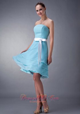 Impression Aqua Blue Empire Strapless Bridesmaid Dress Chiffon Sash Knee-length  Dama Dresses