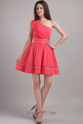 Coral Red A-line One Shoulder Mini-length Chiffon Prom / Cocktail Dress  Dama Dresses