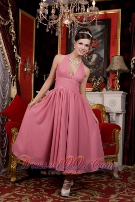Light Pink A-line / Princess Halter Tea-length Chiffon Beading Prom / Homecoming Dress  Dama Dresses