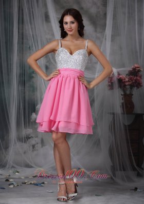 2013 Pink and White Column Straps Mini-length Chiffon Beading Prom Dress