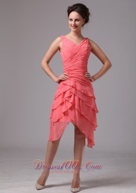 Cheap Athens Georgia Ruch and Layers V-neck Chiffon Homecoming Dress For Custom Made Watermelon Red