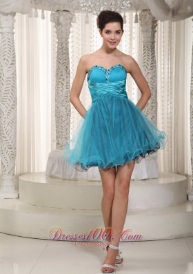 Cheap Teal A-line Sweetheart Mini-length Tulle Beading Prom / Cocktail Dress