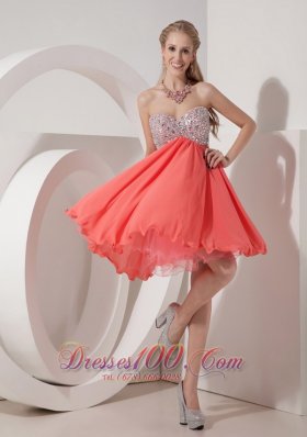 Cheap Lovely Watermelon Empire Sweetheart Homecoming Dress Organza and Chiffon Beading Mini-length