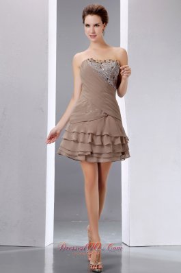 Cheap Elegant Brown A-line Short Prom Dress Strapless Mini-length Beading and Sequins Chiffon