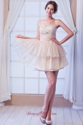 Cheap Champagne A-line Sweetheart Prom Dress Beading Satin and Organza Mini-length