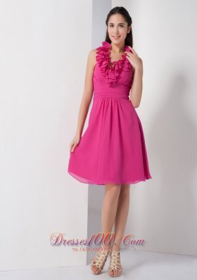 Hot Pink A-line Halter Bridesmaid Dress Chiffon Ruch Knee-length  Under 100
