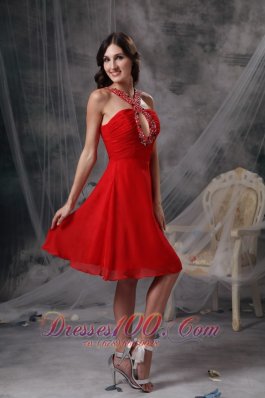 Modern Red Empire V-neck Cocktail Dress Chiffon Beading Knee-length  Under 100