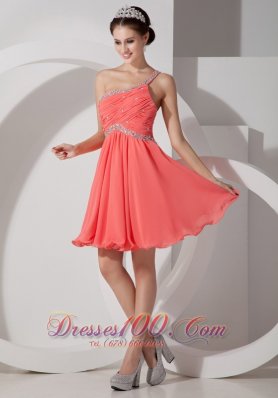 Lovely Orange Red Empire One Shoulder Homecoming Dress Chiffon Beading and Ruch Mini-length  Under 100