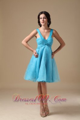Aqua A-line V-neck Knee-length Organza Prom Dress  Under 100