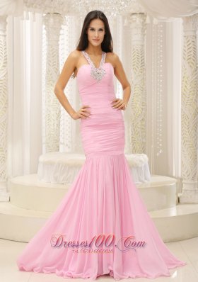 2013 Mermaid V-neck Beaded Decorate Shoulder Ruched Bodice For Romantic Celebrity Dress