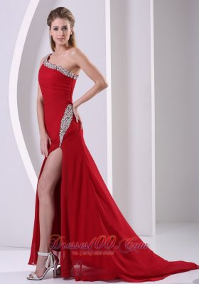2013 Wine Red High Slit Beaded Decorate One Shoulder and Hip Column Chiffon Prom / Evening Dress For Formal Evening Brush Train