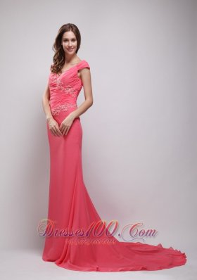 2013 Coral Red Column V-neck Brush Train Chiffon Appliques Prom / Evening Dress