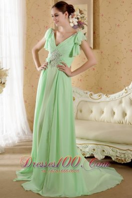 2013 Apple Green Empire V-neck Short Sleeves Court Train Chiffon Beading and Ruch Prom / Graduation Dress
