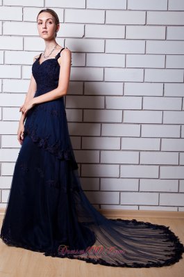 2013 Navy Blue A-line Straps Chapel Train Tulle Appliques Homecoming Dress