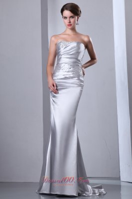 2013 Silver Wedding Dress Column Strapless Beading Brush Train Elastic Wove Satin