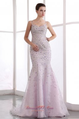 2013 Pink Mermaid Straps Brush Train Organza Beading Prom Dress