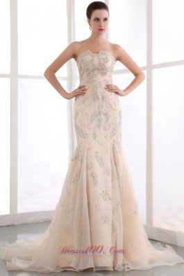 2013 Champagne Mermaid Strapless Court Train Organza Sequins Prom Dress