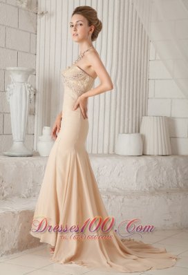 2013 Champagne Trumpet / Mermaid Sweetheart Brush Train Chiffon Beading Prom Dress