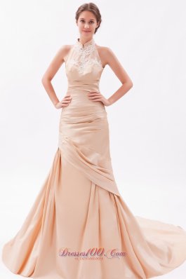 2013 Champagne Mermaid High-neck Court Train Taffeta Embroidery with Beading Prom Dress