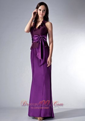 Discount Custom Made Eggplant Purple Cloumn Halter Bridesmaid Dress Bow Brush Train Elastic Woven Satin and Chiffon