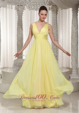 Discount Light Yellow V-neck Chiffon Long Prom Dress 2013 Party Style