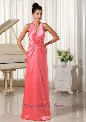 Discount Watermelon With Halter Top Bridesmaid Dress Ruched Decorate Waist Elastic Woven Satin