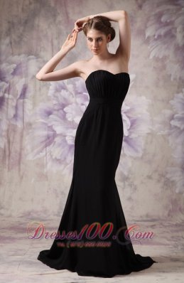 Discount Modest Black Cheap Bridesmaid Dress Column Sweetheart Brush Train Chiffon Ruch