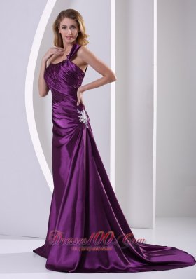 Discount Eggplant Purple One Shoulder Mother Of The Bride Dress With Ruch and Appliques Court Train Elastic Woven Satin