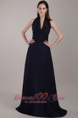 Discount Navy Blue Column Halter Brush Train Chiffon Ruch Prom Dress