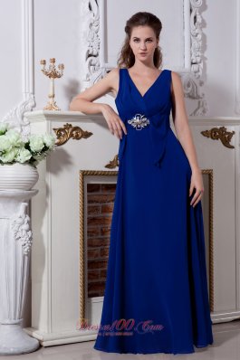 Discount Royal Blue Empire V-neck Floor-length Chiffon Beading Prom Dress