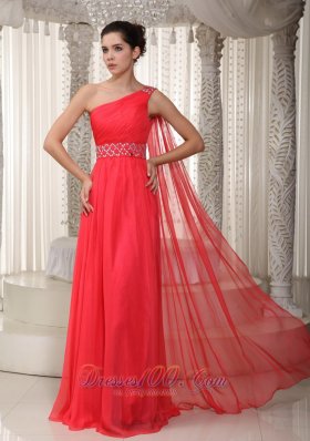 Fashion Coral Red Empire One Shoulder Watteau Train Chiffon Beading Prom Dress