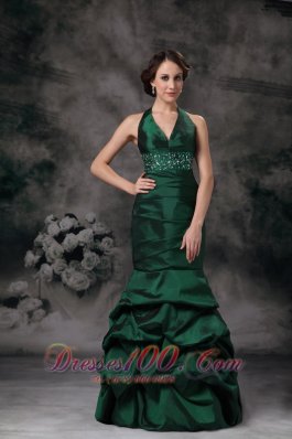 Fashion Exquisite Dark Green Mermaid Halter Evening Dress Taffeta Beading Floor-length