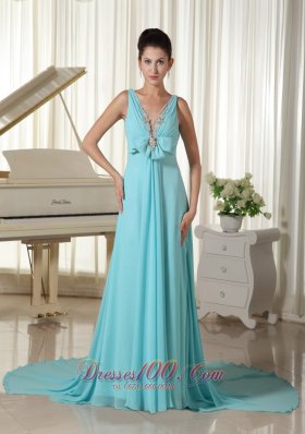 Fashion V-neck Hand Made Flower Decorate Bust Aqua Blue Prom Dress For Formal Eveing