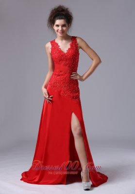 Fashion Chiffon Beading Brush/Sweep V-neck Red 2013 Prom Celebrity Dress