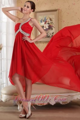 Fashion Red Empire One Shoulder Chapel Train Chiffon Beading Prom Dress