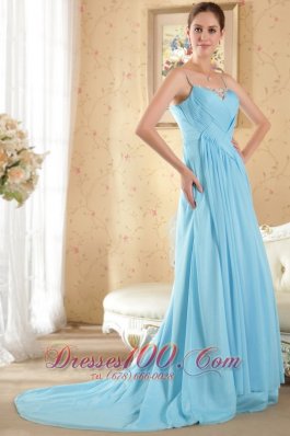 Fashion Aqua Column / Sheath Spaghetti Straps Brush Train Chiffon Beading and Ruch Prom / Evening Dress
