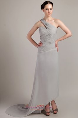 Fashion Grey Empire One Shoulder Brush Train Chiffon Ruch Prom Dress