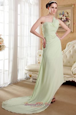 Fashion Apple Green Empire One Shoulder Brush Train Chiffon Ruch Prom Dress